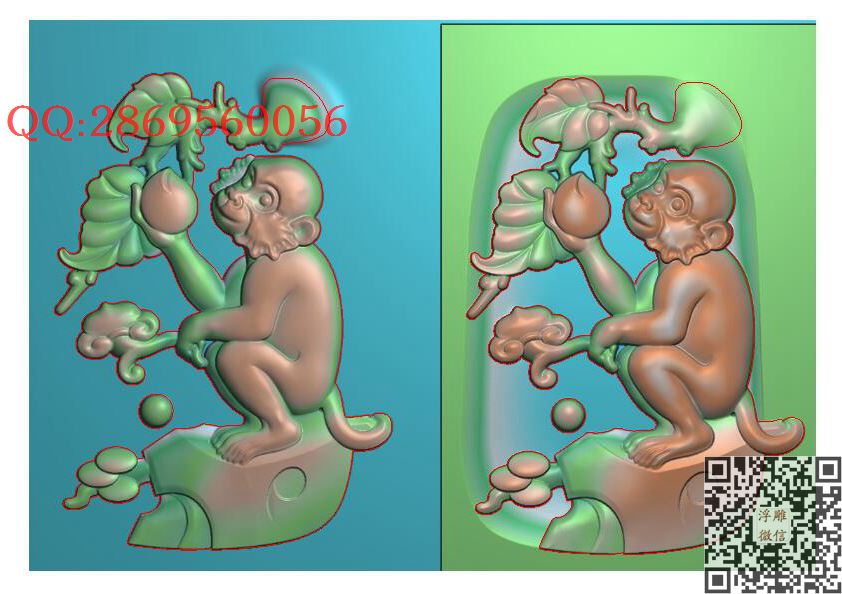 F3G猴子如意抱桃_仿古动物挂件生肖牌子玉雕瑞兽精雕图浮雕图