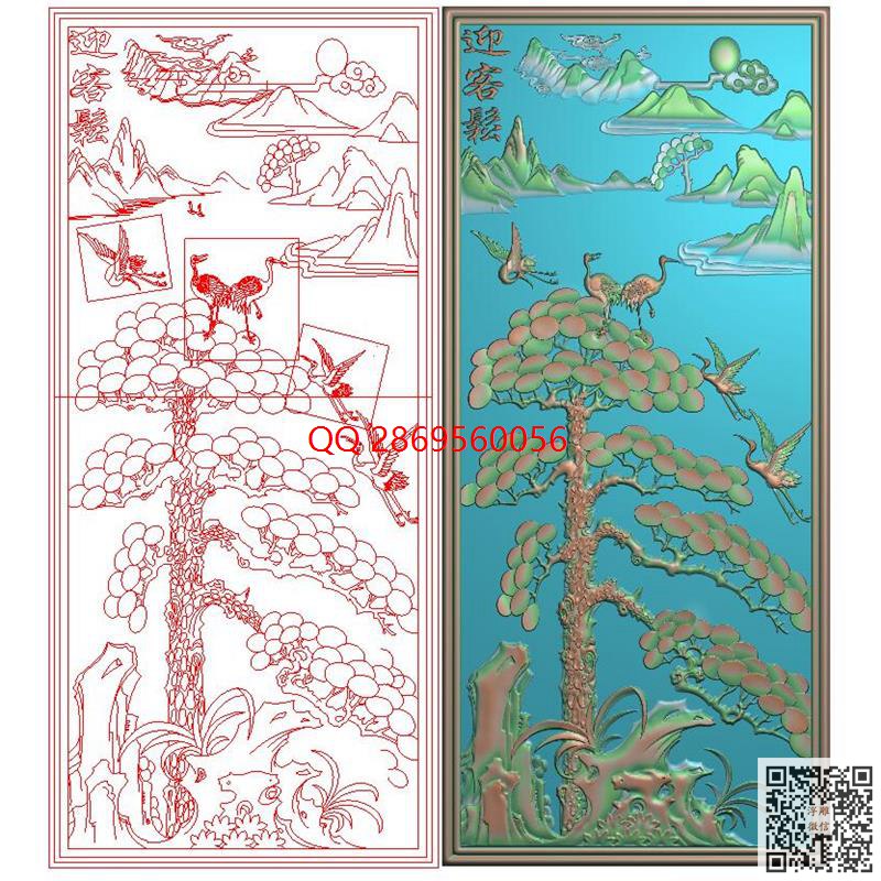 PF222松鹤屏风有线_松鹤精雕图,迎客松,松树仙鹤   背景墙 壁画精雕图浮雕图