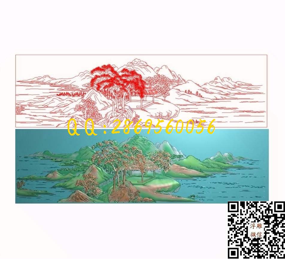 西湖山水风景465-137-6_山水风景围板屏风精雕图浮雕图
