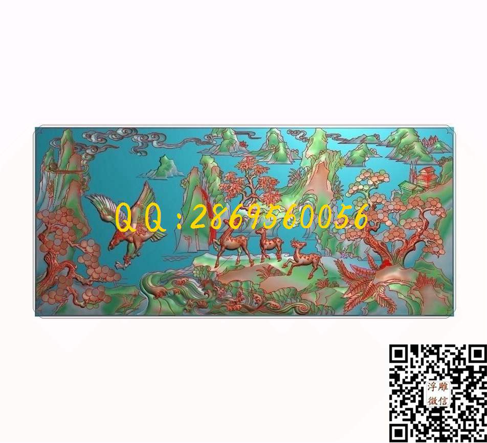 鹿鹰山水660-302-10_山水风景围板屏风精雕图浮雕图