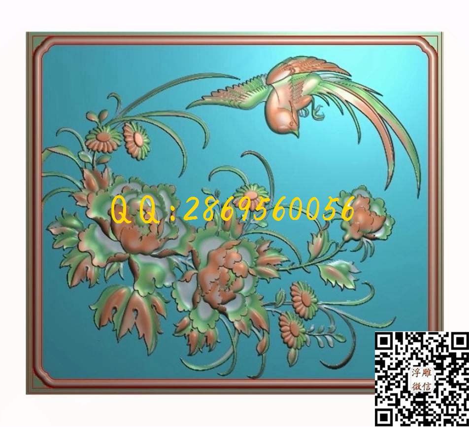 牡丹鸟166-144_镂空浮雕图通花格子窗花挂屏精雕图浮雕图