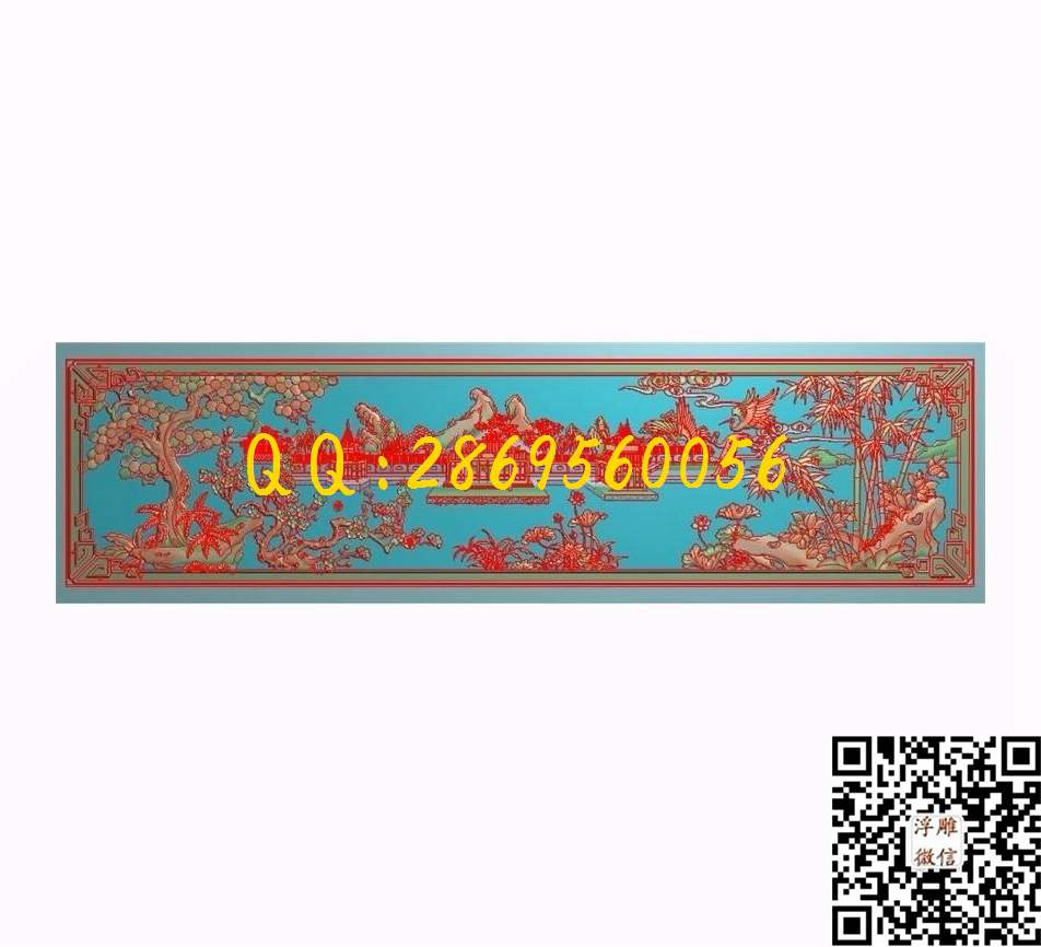 竹鹤山水床背板1277-359-3.5_精雕图沙发背板大床靠背床板精雕图浮雕图